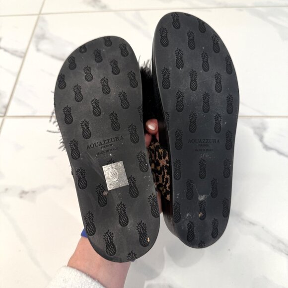 Aquazzura Boudoir Feather-Trimmed Black Animal Print Thong Sandals 7.5 - Picture 6 of 11